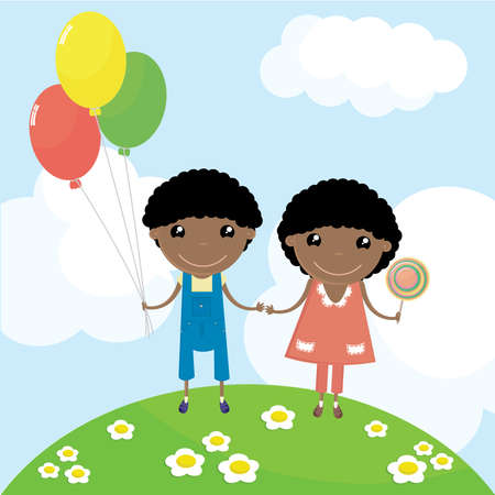 Kids having a fun party with balloons in a sunny dayのイラスト素材