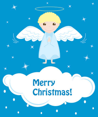 Little angel smiling and flying through the clouds and starsのイラスト素材