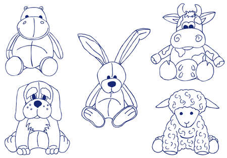 A set of hand-drawn doodle with different plush animal toys のイラスト素材