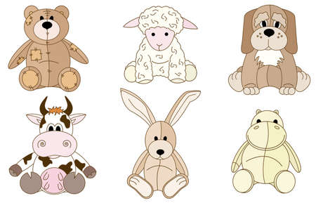 A set cut, fun and colored doodles with different plush animal toys のイラスト素材