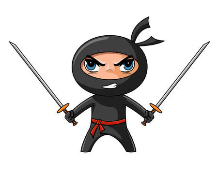 Cute furious ninja with katana ready to attackのイラスト素材