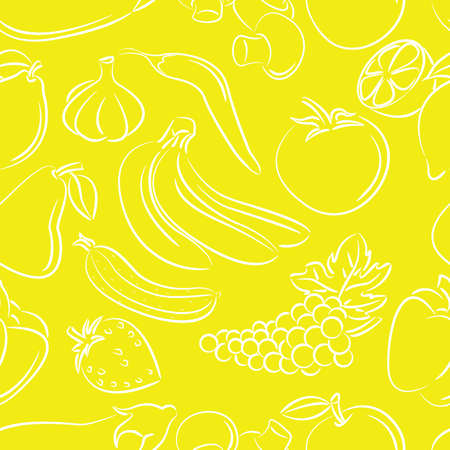 Doodle seamless with different fruits and vegetables on yellow backgroundのイラスト素材