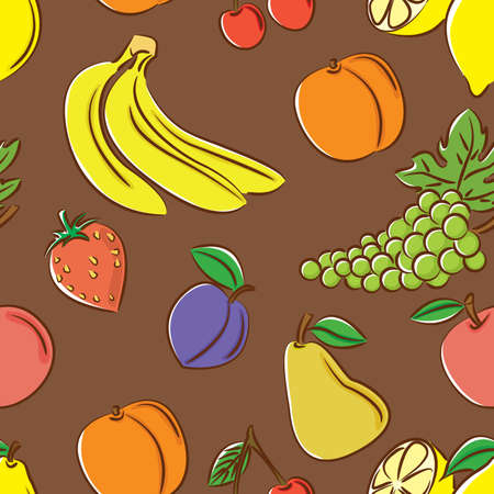 Doodle color seamless with different fruits on brown backgroundのイラスト素材