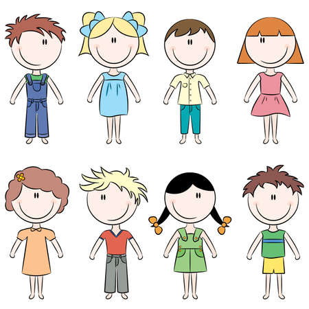 Cute doodle happy kids isolated on white backgroundのイラスト素材
