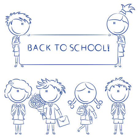 Cheerful cute school kids with empty banner, flowers and books isolated on white backgroundのイラスト素材