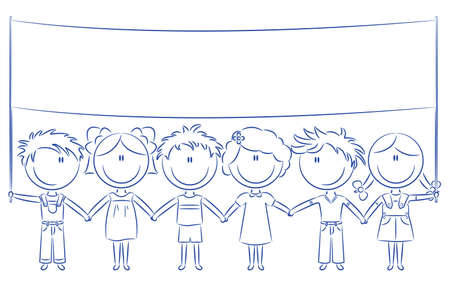 Cheerful happy cute children holding empty banner for your messageのイラスト素材