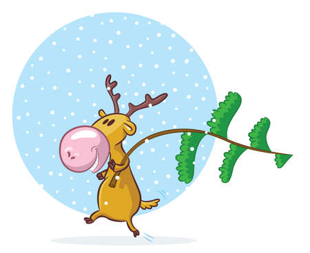 Funny deer going to decorate pine-tree for Christmasのイラスト素材