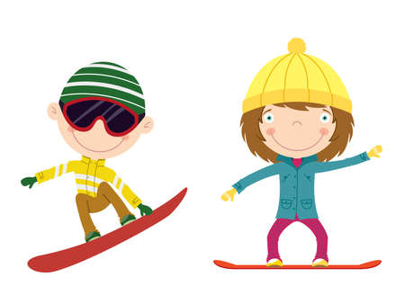 Cute cheerful kids flying on a snowboard. Color illustration.のイラスト素材