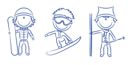 Funny cute boys with snowboard and skisのイラスト素材