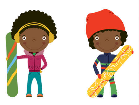 Cute cheerful African-american kids with boards for snowboard. Color illustration.のイラスト素材