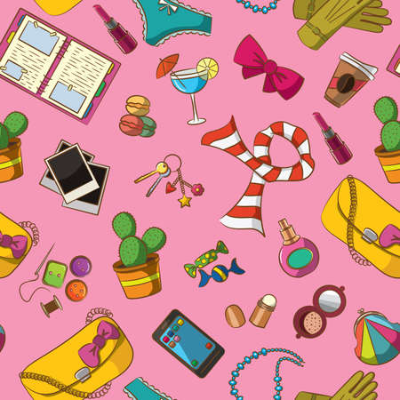 Cute different seamless with female thingsのイラスト素材