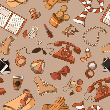 Cute seamless with vintage female thingsのイラスト素材