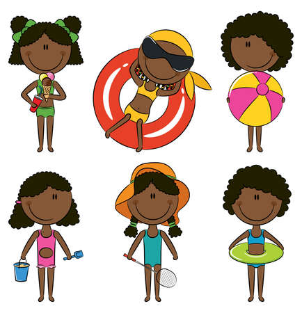 Cute happy African-American girls on the beach isolated on white backgroundのイラスト素材