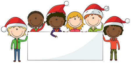 Happy kids in Christmas hats holds white bannerのイラスト素材