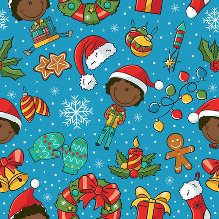 Christmas seamless pattern with decorations and African-American boysのイラスト素材