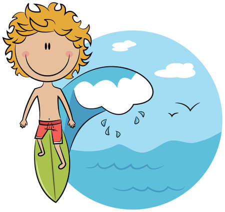 Cute surfer boy on a wave rushesのイラスト素材