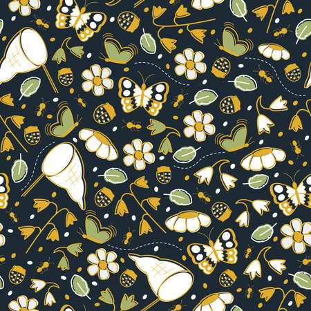 Floral vector seamless pattern with flowers and insects in three colors: black, gold and greenのイラスト素材