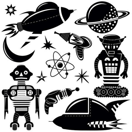 Black wall stickers space invaders set with robots, spaceships and planetsのイラスト素材