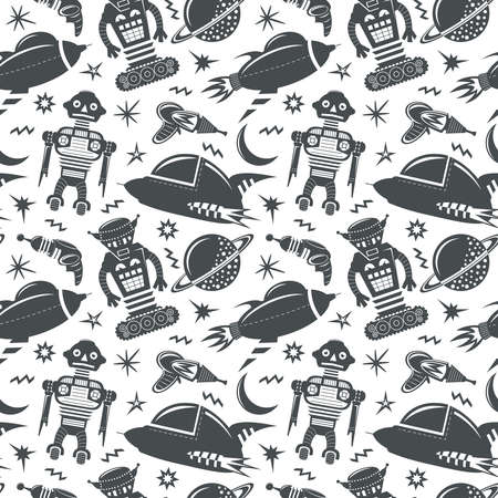 seamless pattern with robots, spaceships and planets. Space invaders background.のイラスト素材