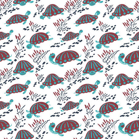 Seamless vector pattern with earthen turtle in the reeds. Marshland rural background with reptiles, ponds and canesのイラスト素材