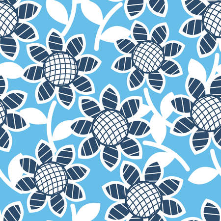 Sunflowers seamless pattern in blue color. Floral abstract background. Pretty nature repeat wallpaper.のイラスト素材