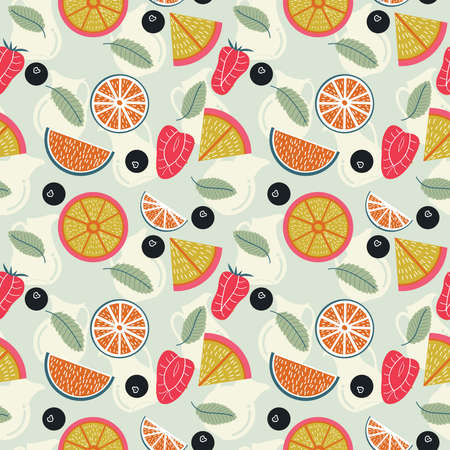 Seamless pattern with fresh fruit lemonade: grapefruit, lime, mint, strawberry and blueberry. Tropical non-alcohol fruit lemonade background.のイラスト素材
