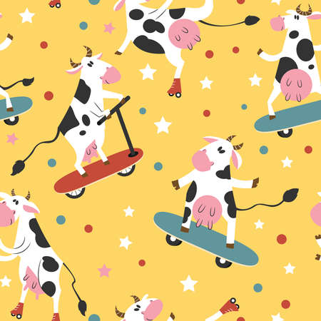 seamless pattern with funky cows on skates and kick scooters. Cartoon animals ride on the boards background.のイラスト素材