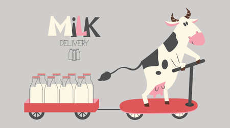 cheerful cow delivers milk bottles on a scooter. Organic farm milk delivery service.のイラスト素材
