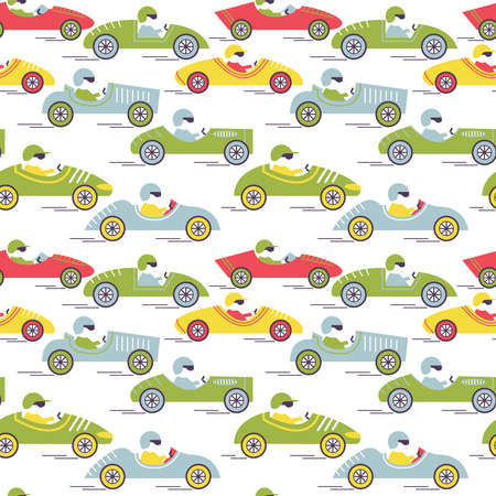 race retro sport car seamless pattern. Vintage automobiles with drivers isolated on white background.のイラスト素材