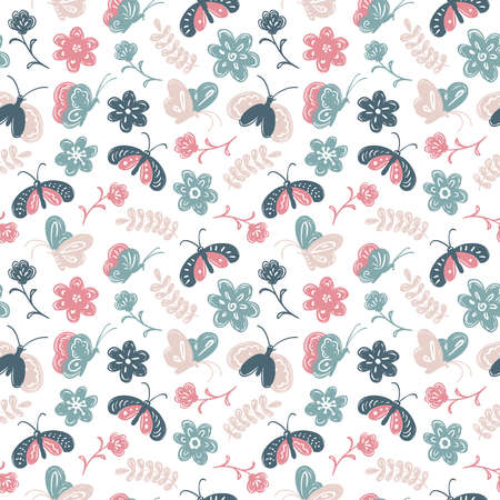 seamless pattern with cute butterfly and flowers in a children's doodle style. Nature element wallpaper.のイラスト素材