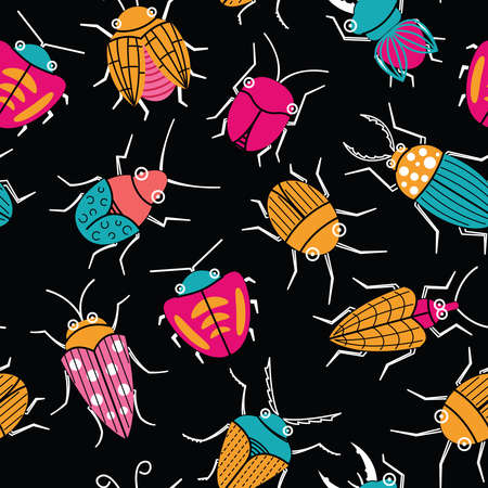 Seamless pattern with cute small beetles.  Summer bugs doodle style background. Vector cartoon backdrop with funny insects.のイラスト素材