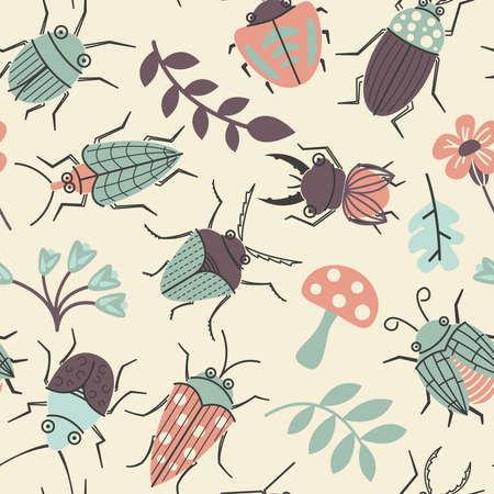 Seamless pattern with cute small beetles and plants.  Summer bugs doodle style background. Vector cartoon backdrop with funny insects, flowers and leaves.のイラスト素材