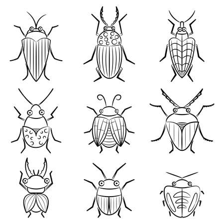 Small funny vector bugs icons. Collection of summer beetles doodle style. Cartoon insects set.のイラスト素材
