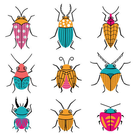 Small funny vector bugs icons. Collection of summer beetles doodle style. Cartoon insects set.のイラスト素材