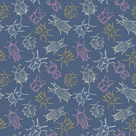 Seamless pattern with cute small beetles.  Summer bugs doodle style background. Vector cartoon backdrop with funny insects.のイラスト素材