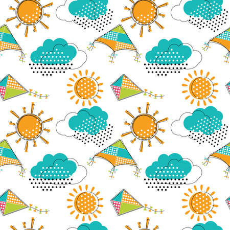 Vector seamless pattern with cute sun,clouds and flying kites. Doodle drawing style background with weather symbols and toys.のイラスト素材
