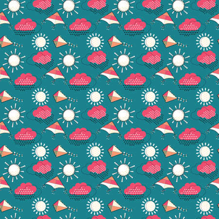 Vector seamless pattern with cute sun,clouds and flying kites. Doodle drawing style background with weather symbols and toys.のイラスト素材