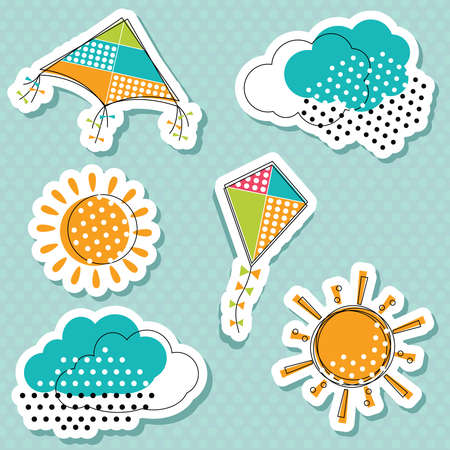 Cute stickers set with suns, clouds and flying kites. Doodle weather icons and wind toys.のイラスト素材