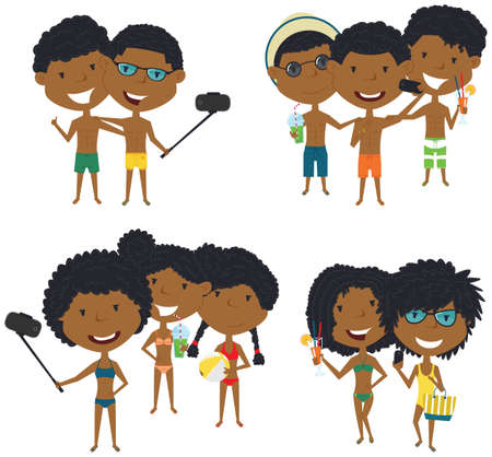 Beach African-American male and female characters make a selfie vector illustration. Happy cute girls and boys do group summer photos. Friendly children posing in front of the camera smartphone.のイラスト素材