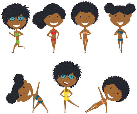 Running African-American girls at the beach. Summer female workout exercise: jogging, side plank and body exercises. Fitness sport people vector set. Active healthy training outside.のイラスト素材