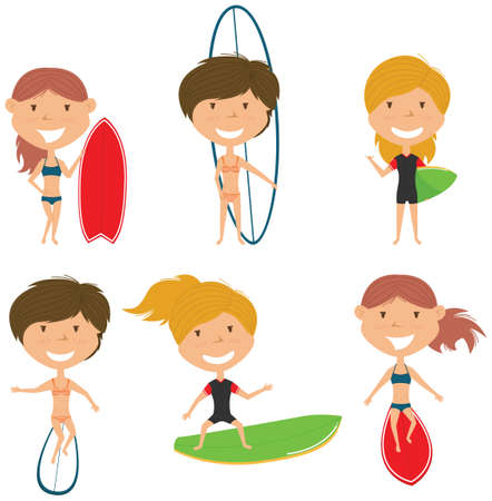 Surfing female characters vector set. Beautiful girls with surface board. Summer beach woman activities. Cute young surfers isolated on white background.のイラスト素材