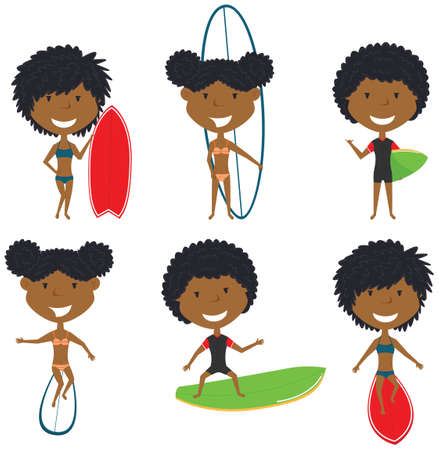 Surfing African-American female characters vector set. Beautiful girls with surface board. Summer beach woman activities. Cute young surfers isolated on white background.のイラスト素材