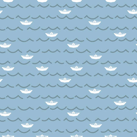 Paper boats and sea waves seamless pattern. Marine vector wallpaper. Simple doodle line backgroundのイラスト素材