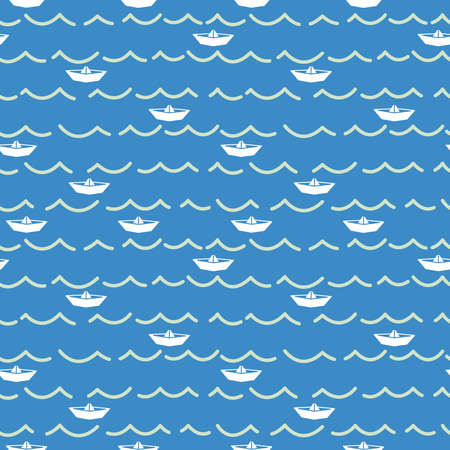 Paper boats and sea waves seamless pattern. Marine vector wallpaper.のイラスト素材