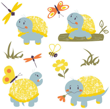 Collection with cartoon turtles, butterfly and dragonfly, nature vector set with reptiles and insects.のイラスト素材