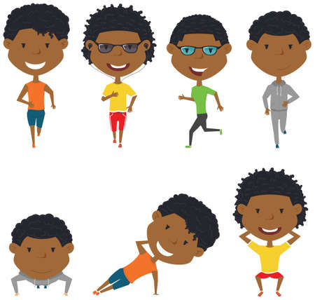 Running African-American boys. Summer male workout exercise: jogging, squats, side plank and push ups.  Fitness sport people vector set. Active healthy training outside.のイラスト素材