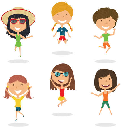 Happy cartoon girls jumping. Vector flat style summer teens playing outdoor. Funny childhood illustration.のイラスト素材