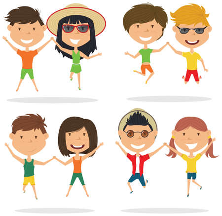 Cute couples jumping outdoor vector illustration.  Cheerful young boys and girls make a jump isolated on a white background. Happy teenagers lifestyle.のイラスト素材