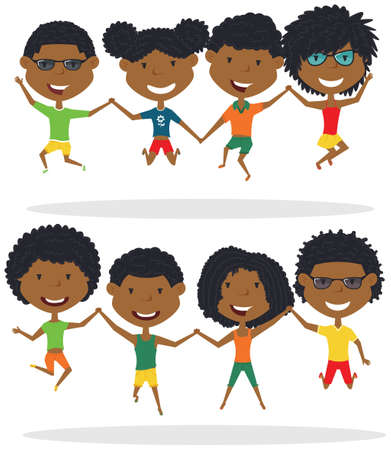 Cute African-American couples jumping outdoor vector illustration.  Cheerful young boys and girls make a jump isolated on a white background. Happy teenagers lifestyle.のイラスト素材