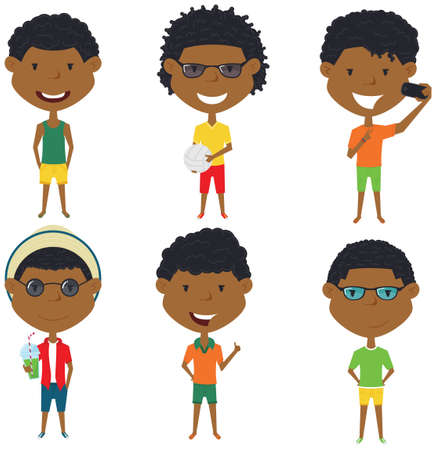 Summer African-American male characters exhibit different body languages. Cute happy boys standing with drink, ball, with thumb gesture, make a selfie. Vector flat style teens isolated in white background.のイラスト素材